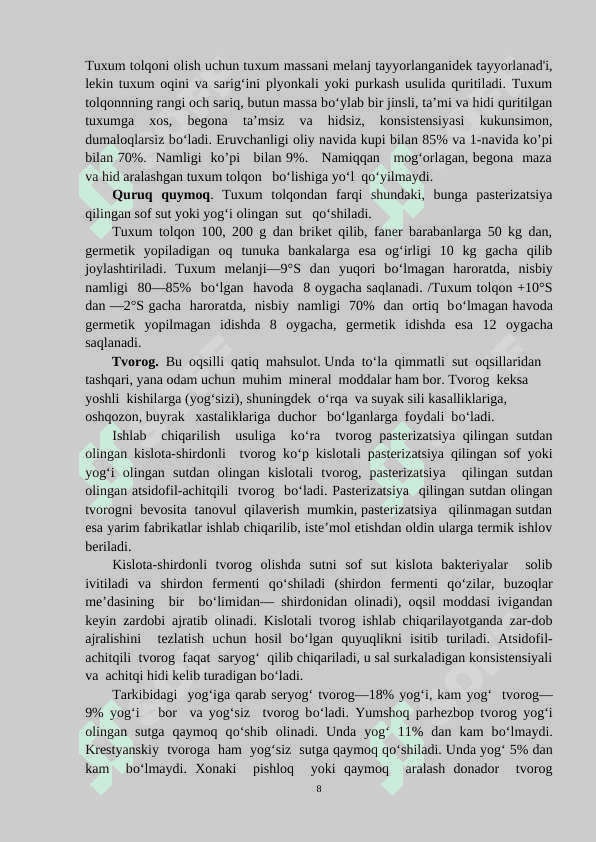 "Tuxum va tvorogdan tayyorlanadigan taomlar” mavzusini o’qitishda  klaster metodidan foydalanish 8