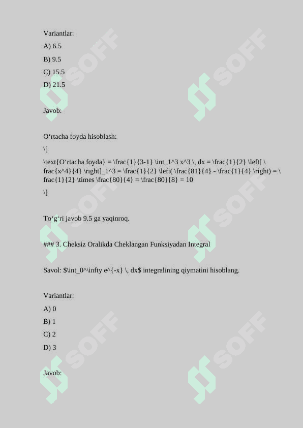Anik integiral yesli chizikli trapetsii yuzini xisoblash masalasi.istemolchining va taminotchining urtacha foydasi.cheksiz oralikda cheklangan funksyadan integral.chekli oralikda cheklanmagan funsyadan integral 2