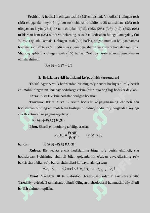 Ehtimollarni qoʻshish va koʻpaytirish teoremalari.  Toʻla ehtimollik va Bayes formulalari 5