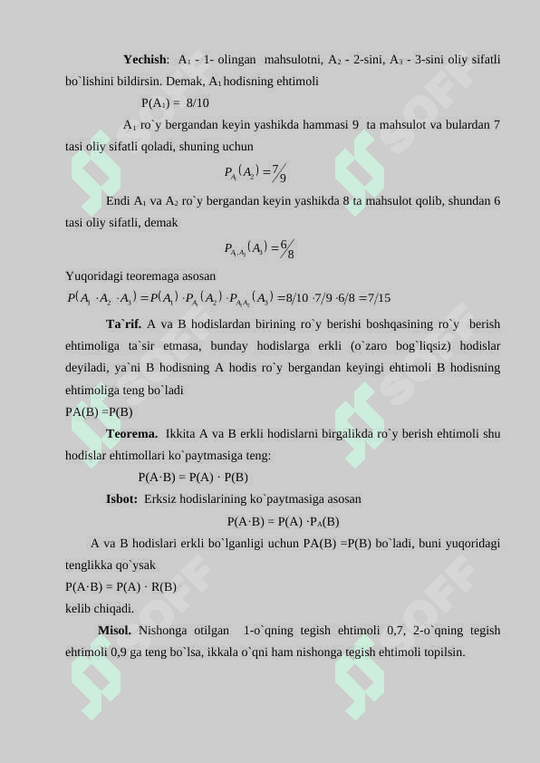 Ehtimollarni qoʻshish va koʻpaytirish teoremalari.  Toʻla ehtimollik va Bayes formulalari 6