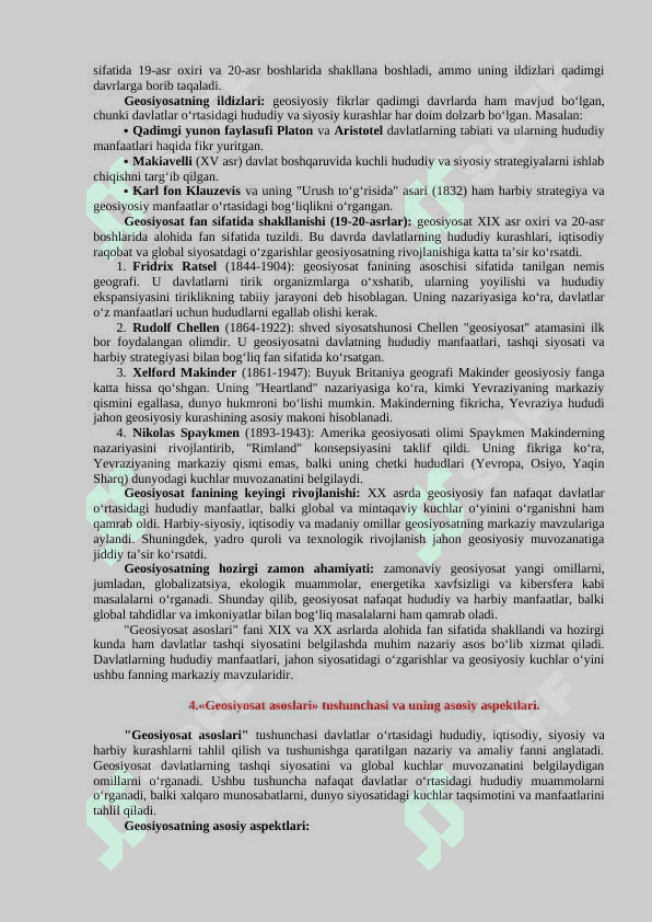 “Geosiyosat asoslari” fanining predmeti, ob’ekti,  maqsad va vazifalari. fanning kategoriyalari, qonunlari, metodlari va funksiyalari 3