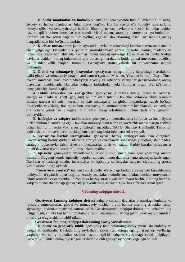 “Geosiyosat asoslari” fanining predmeti, ob’ekti,  maqsad va vazifalari. fanning kategoriyalari, qonunlari, metodlari va funksiyalari 4