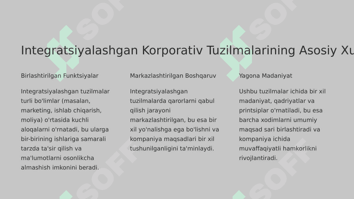 1.Integratsiyalashgan Korporativ Tuzilmalarining Asosiy Xususiyatlari 2.Integratsiyalashgan Korporativ Tuzilmalarning Afzalliklari 3.Integratsiyalashgan Korporativ Tuzilmalarda Innovatsiyalarni Qo'llab-quvvatlash 2
