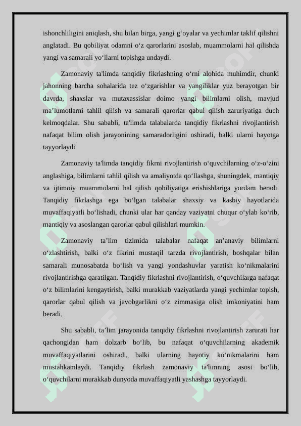 TA'LIM  JARAYONIDA TALABALARNING O'ZLASHTIRISH DARAJALARI. TALABALAR TANQIDIY FIKRINI RIVOJLANTIRISHDA INTERFAOL METODLARNING O'RNI . 4