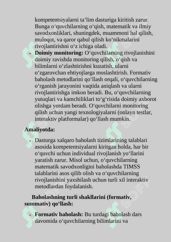 Xalqaro baholash dasturlari talablari asosida  ta’limning shakl, metod va vositalari  yordamida o‘quvchilar kompetentsiyalarini shakllantirish. 5