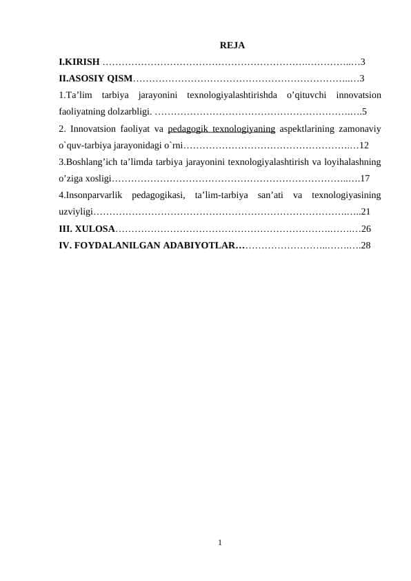 TARBIYA JARAYONINI AMALGA OSHIRISHDA INNOVATSION TEXNOLOGIYALARDAN