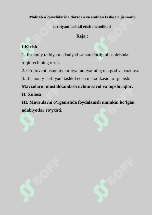 Maktab o`quvchilarida darsdan va sinfdan tashqari jismoniy tarbiyani tashkil etish metodikasi 2