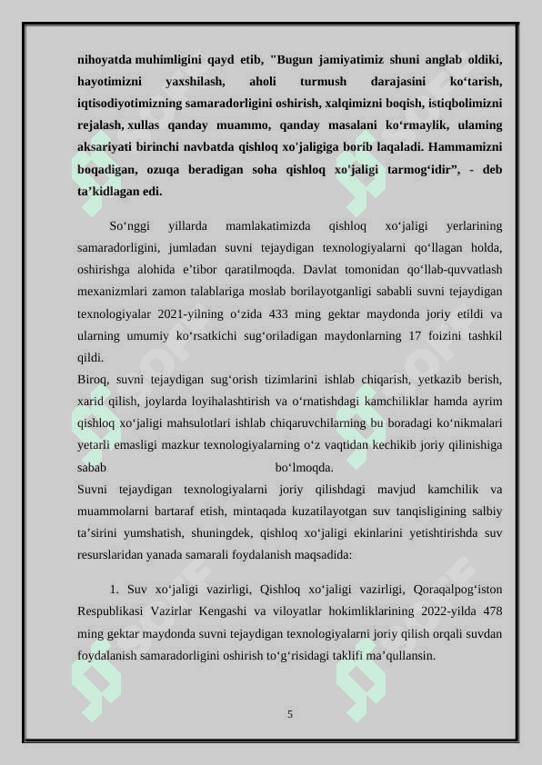 O'ZBEKISTONDA FERMER VA DEHQON XO'JALIKLARINI RIVOJLANTIRISH VAZIFALARI 5