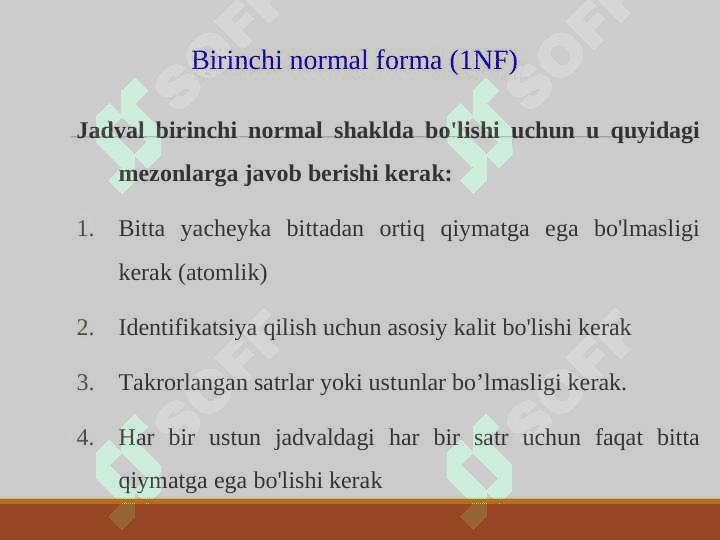 Ma’lumotlar bazasini normallashtirish. 1NF, 2NF, 3NF va Kod normal formalari 6