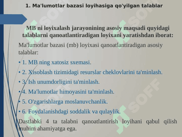 Ma`lumotlar bazasini rejalashtirish, loyihalash, boshqarish (administratorlash). 5