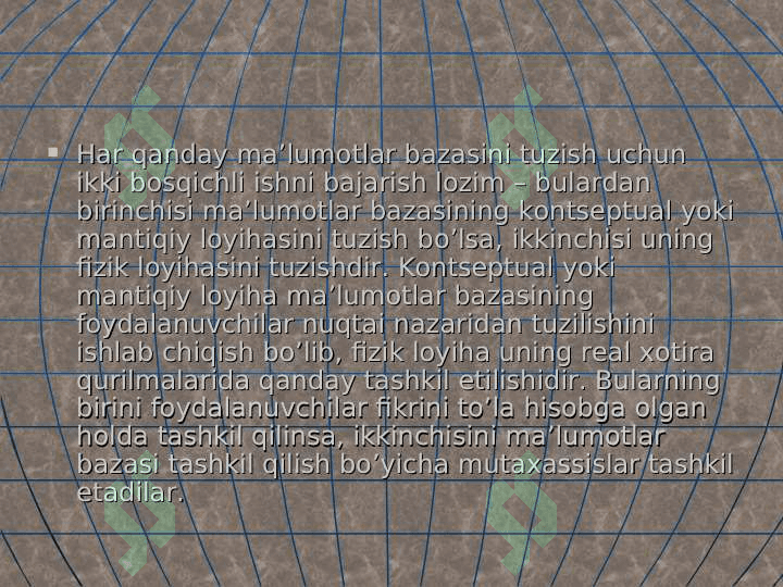 Ma'lumotlarning relyatsion modellari. Munosabatlar va bog'lanishlar. Relyatsion algebra va relyatsion xisoblash elementlari. 6