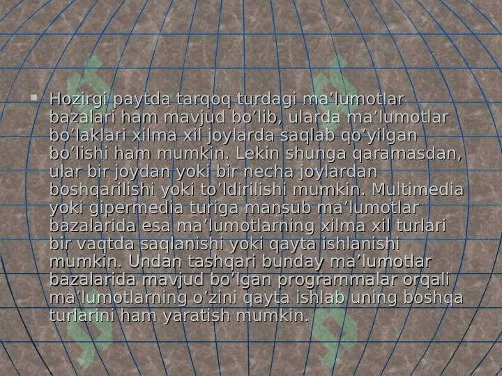 Ma'lumotlarning relyatsion modellari. Munosabatlar va bog'lanishlar. Relyatsion algebra va relyatsion xisoblash elementlari. 7