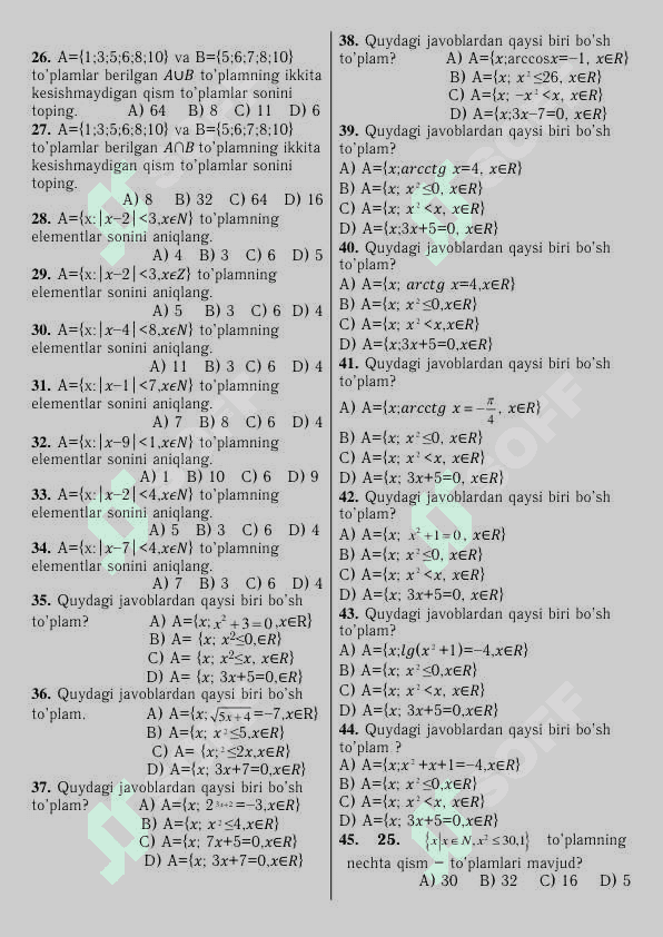 To'plam nazariyasi 45 ta test 2