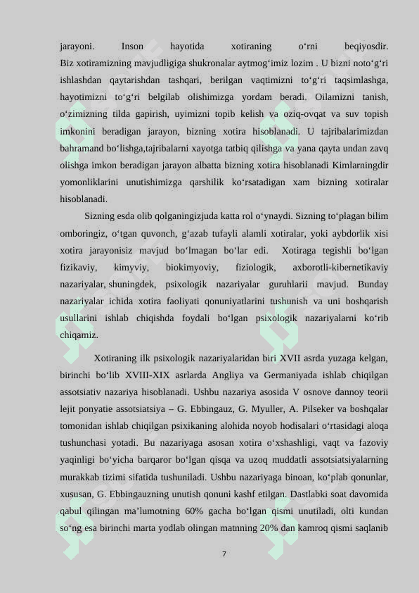Xotira jarayonlari va uning ekisprimental tajribada o’rganilishi 7