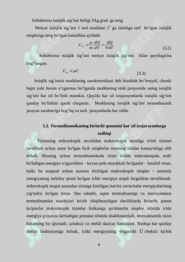 TERMODINAMIKANING BIRINCHI QONUNINI VA UNING IZOJARAYONLARGA TADBIQI 7