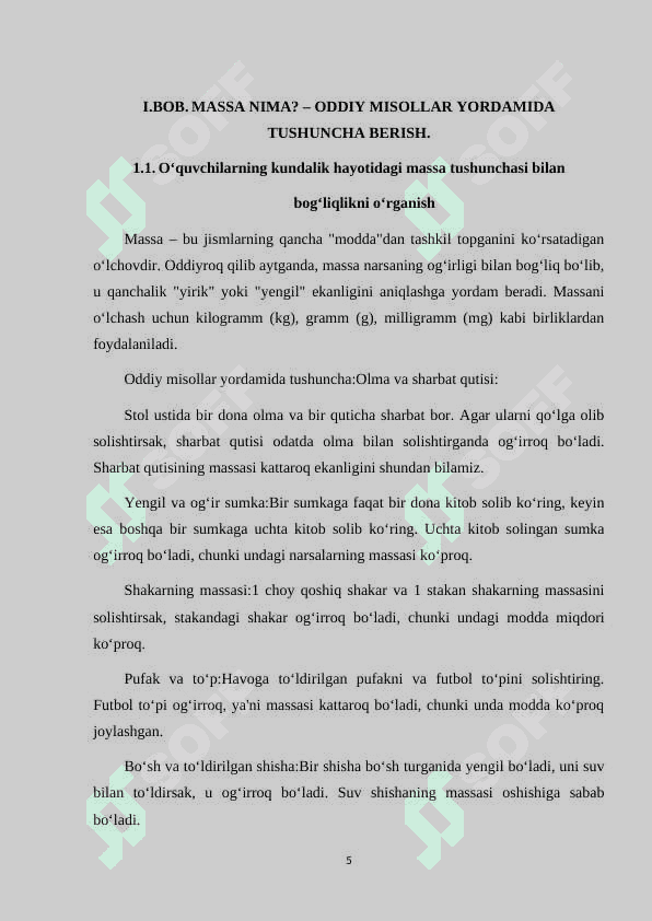 BOSHLANG‘ICH SINFLARDA MASSA O‘LCHOVLARINI O‘RGATISH METODIKASI 5