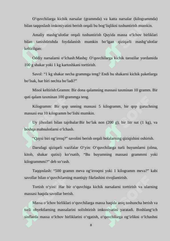 BOSHLANG‘ICH SINFLARDA MASSA O‘LCHOVLARINI O‘RGATISH METODIKASI 8