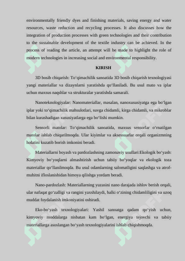 TO'QIMACHILIK VA IPAKCHILIK SANOATLARIDA INNOVATSION TEXNOLOGIYALAR, MATERIALLARNI BO'YASH VA PARDOZLASHNING ZAMONAVIY USULLARI, YASHIL SANOATLASHTIRISH 3