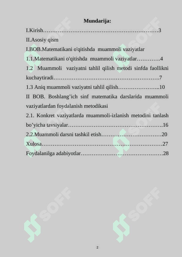 Boshlang’ich sinflarda matematikadan muammoli dars va ularni tashkil qilish metodikasi. 2