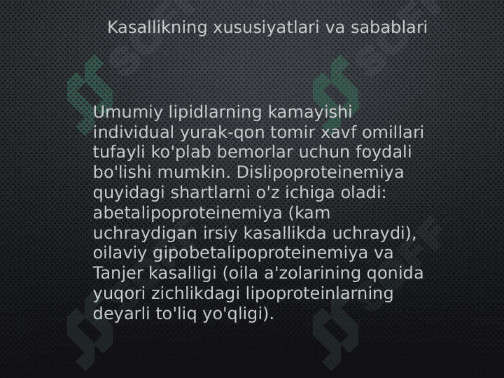 Dislipoprotenemiya turlari. Oshqozon suyuqligi tashxisining klinik ahamiyati. Giperasid holatlar va oshqozon-ichak yara kasalliklarida antasid preparatlarni qo'llashning biokimyoviy asoslari 3