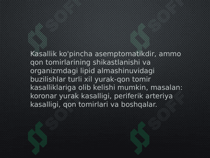 Dislipoprotenemiya turlari. Oshqozon suyuqligi tashxisining klinik ahamiyati. Giperasid holatlar va oshqozon-ichak yara kasalliklarida antasid preparatlarni qo'llashning biokimyoviy asoslari 4