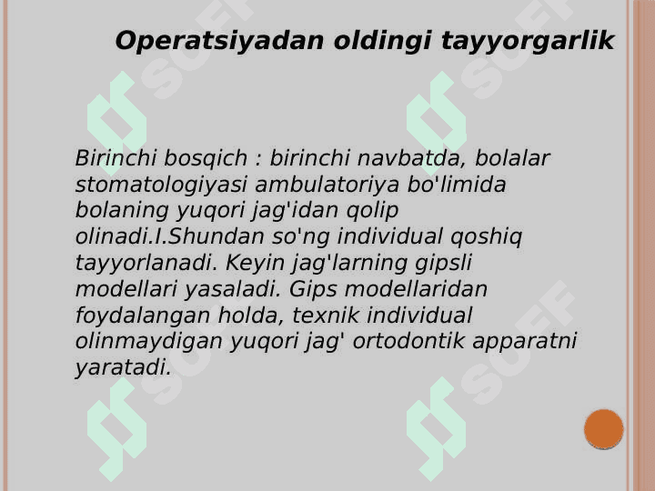 Yuqori lab, alveolyar o'siq, yumshoq va qattiq tanglayning tug'ma kemtiklari oqibatida yuzaga keladigan ortodontik muammolar. Etiologiya, patogenez, tashxislash usullari.       Klinika, davolash rejalari va profilaktika usullari 6
