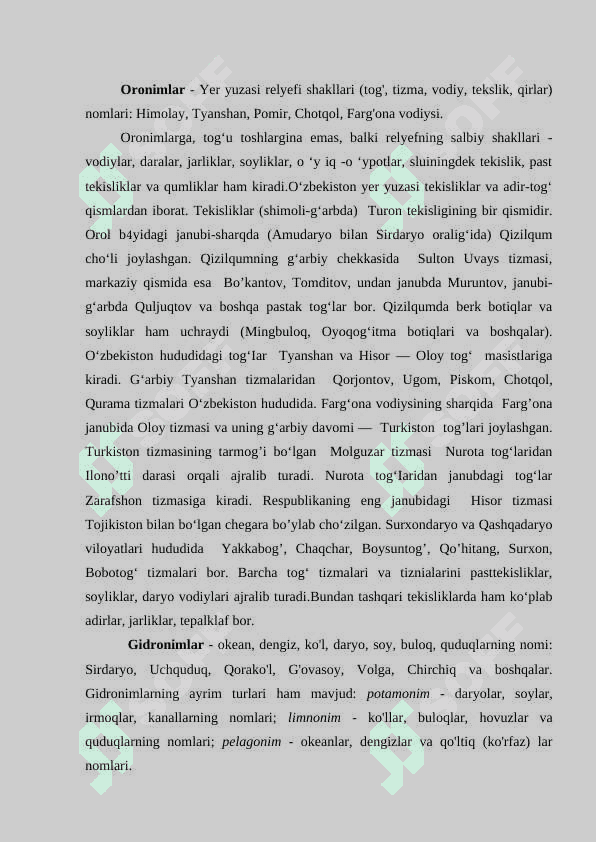 O‘zbekiston oronimlari, gidronimlari va etnonimlari 2