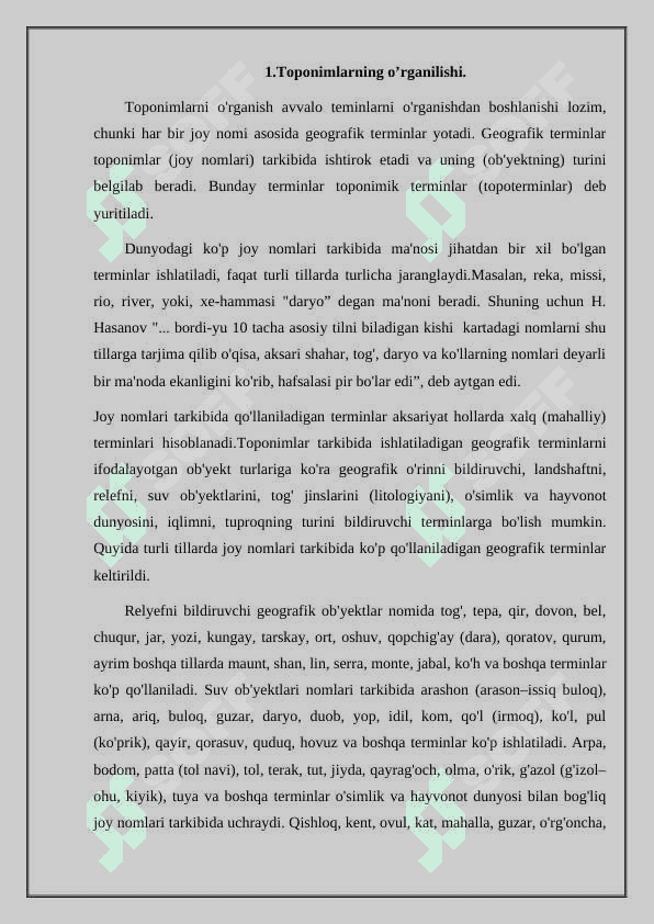Toponimlarni geografik jihatdan o’rganilishi 2
