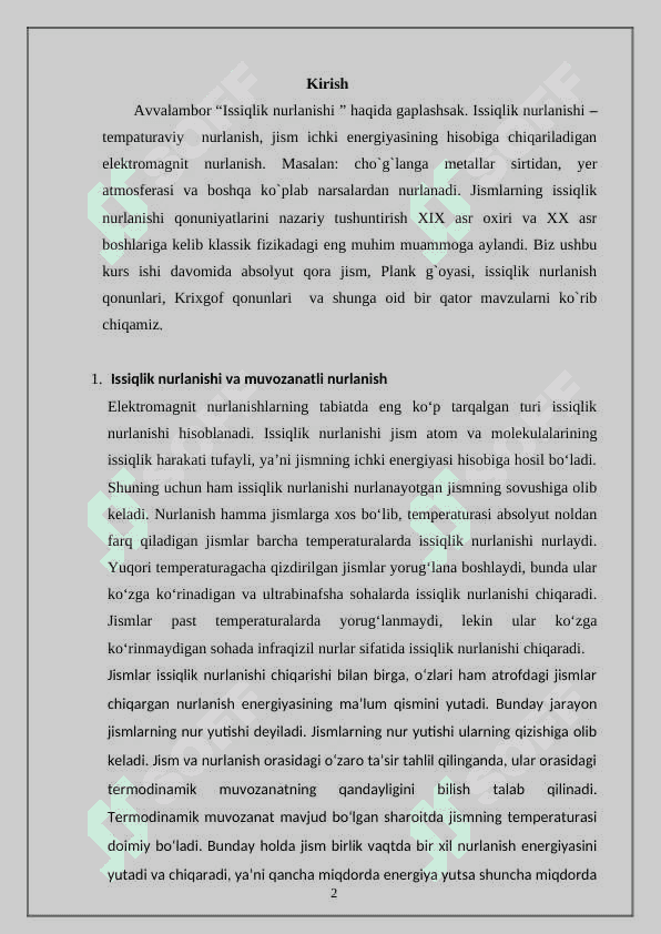 Issiqlik nurlanishi. Krixgof qonuni 2