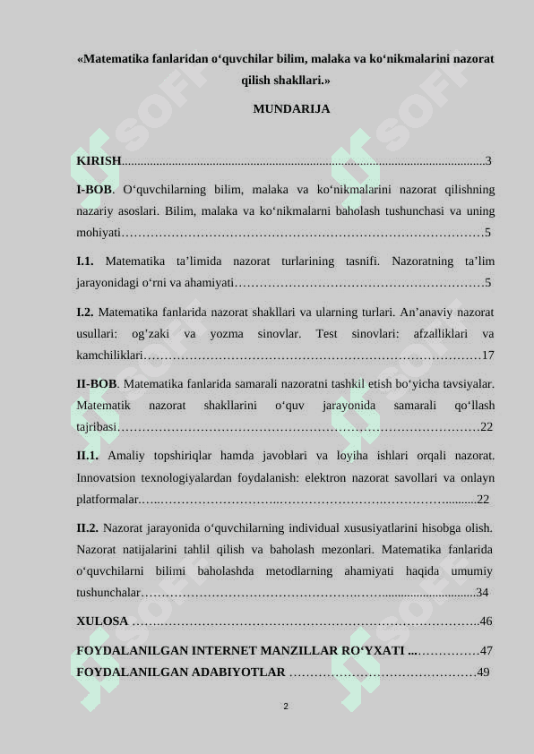 Matematika fanlaridan o‘quvchilar bilim, malaka va ko‘nikmalarini nazorat qilish shakllari 2