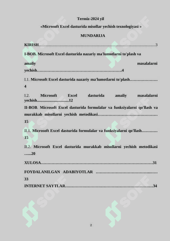 Microsoft Excel dasturida misollar yechish texnologiyasi 2