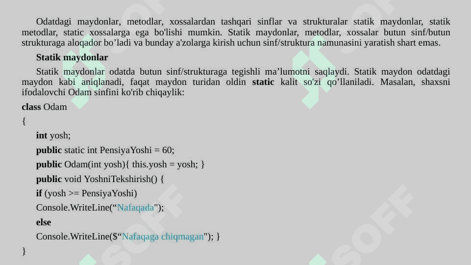 Statik berilganlar, statik metodlar, statik sinflar 2