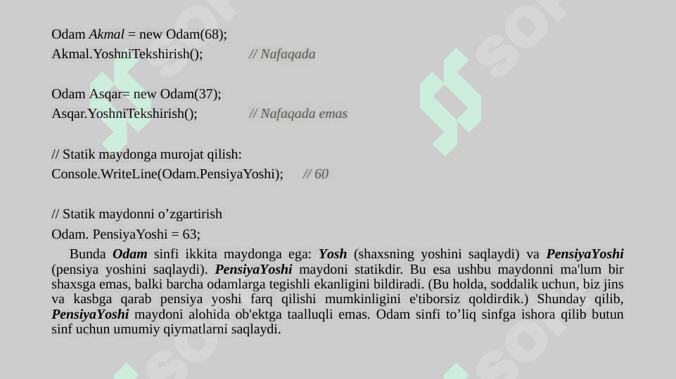 Statik berilganlar, statik metodlar, statik sinflar 3