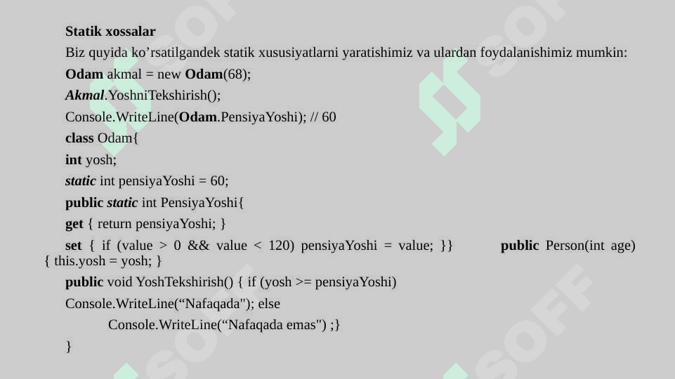 Statik berilganlar, statik metodlar, statik sinflar 6