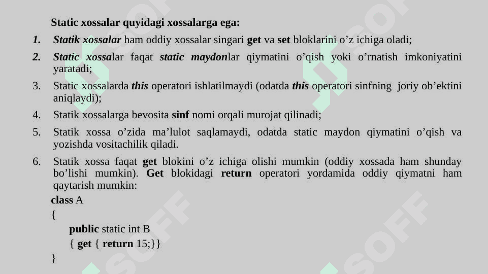 Statik berilganlar, statik metodlar, statik sinflar 8
