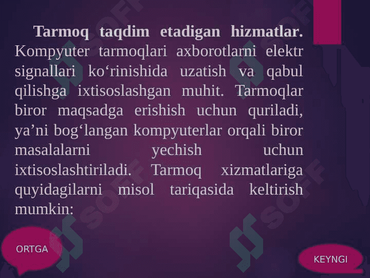 TELEKOMUNIKATSIYA VA TARMOQLAR. TASHKILOT TARMOQLARI 6