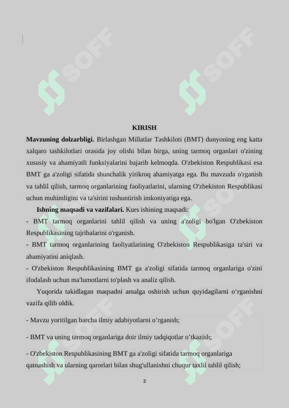 Birlashgan Millatlar Tashkilotining tarmoq organlari va uning funksiyalari O’zbekiston Respublikasining BMT ga a’zoligi xususida 3