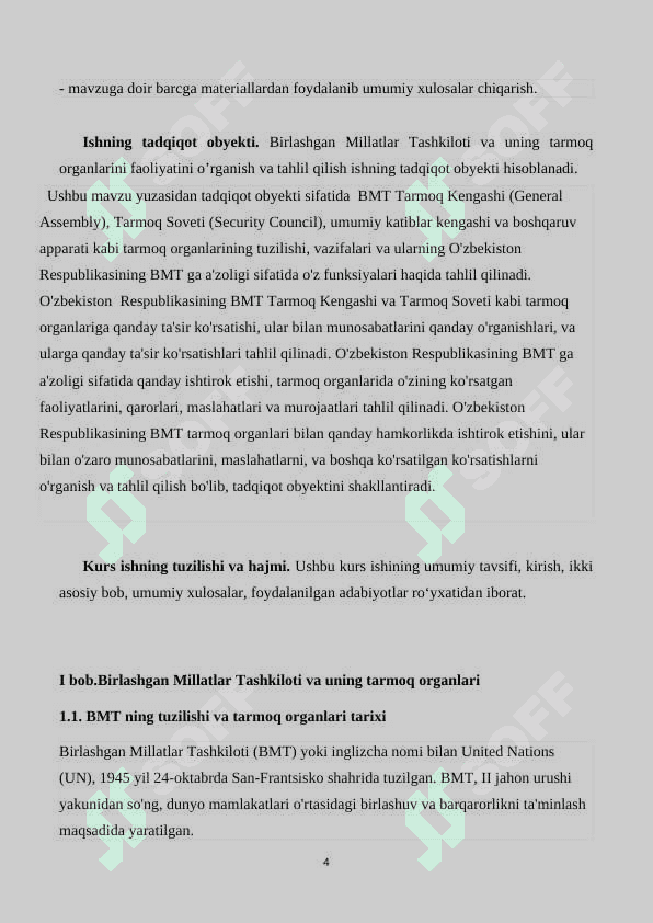Birlashgan Millatlar Tashkilotining tarmoq organlari va uning funksiyalari O’zbekiston Respublikasining BMT ga a’zoligi xususida 4