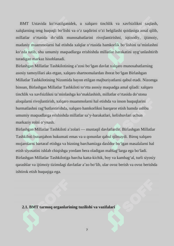 Birlashgan Millatlar Tashkilotining tarmoq organlari va uning funksiyalari O’zbekiston Respublikasining BMT ga a’zoligi xususida 7