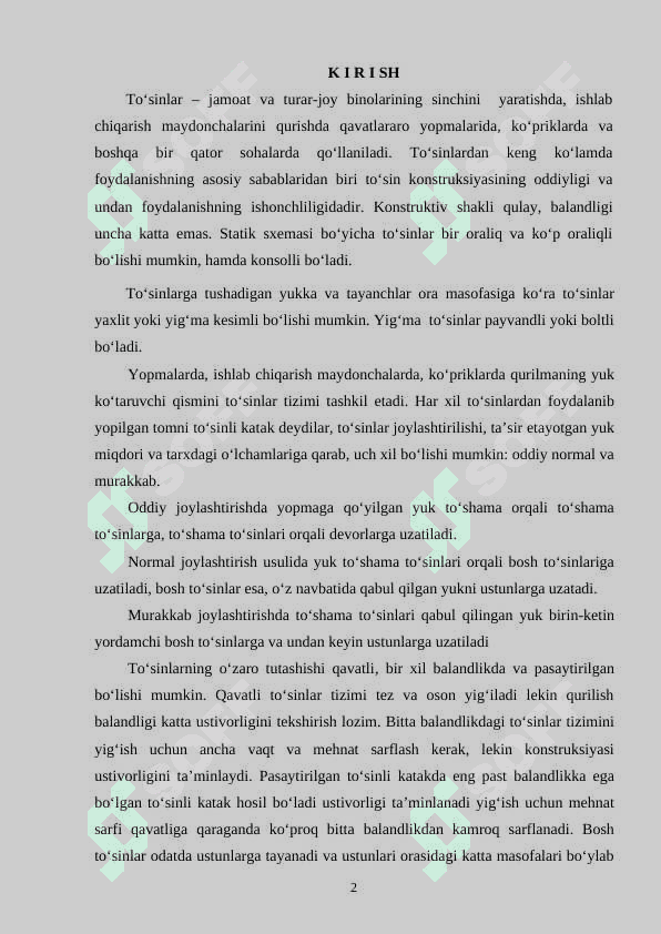 "BIR QAVATLI SANOAT BINOSINI TEMIR-BETON SINCHINI MONTAJ QILISH TEXNOLOGIYASI" 2