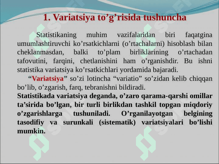 Variatsiya ko‘rsatkichlari va dispersion tahlil asoslari 2