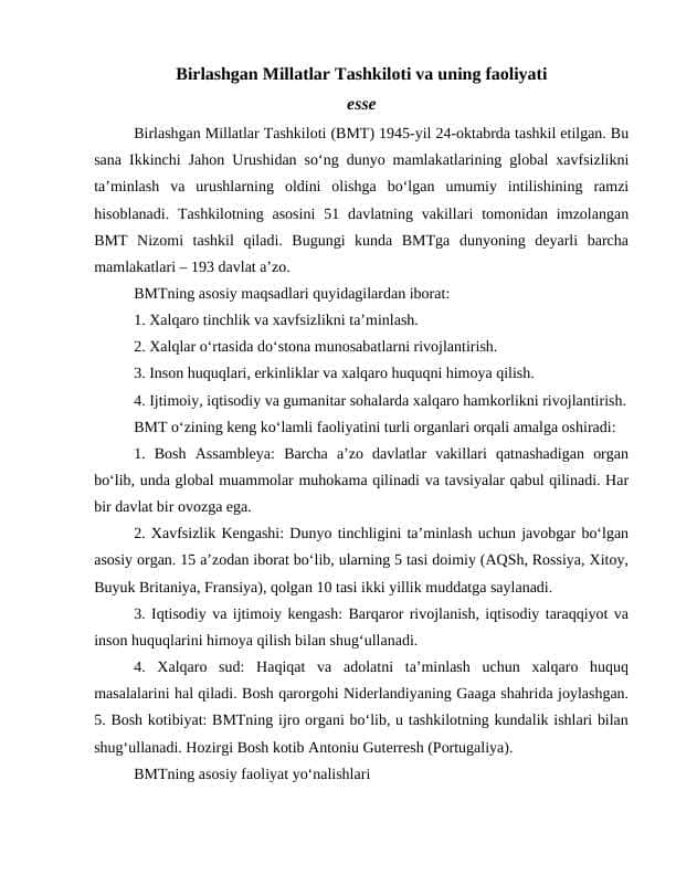 Birlashgan Millatlar Tashkiloti va uning faoliyati esse