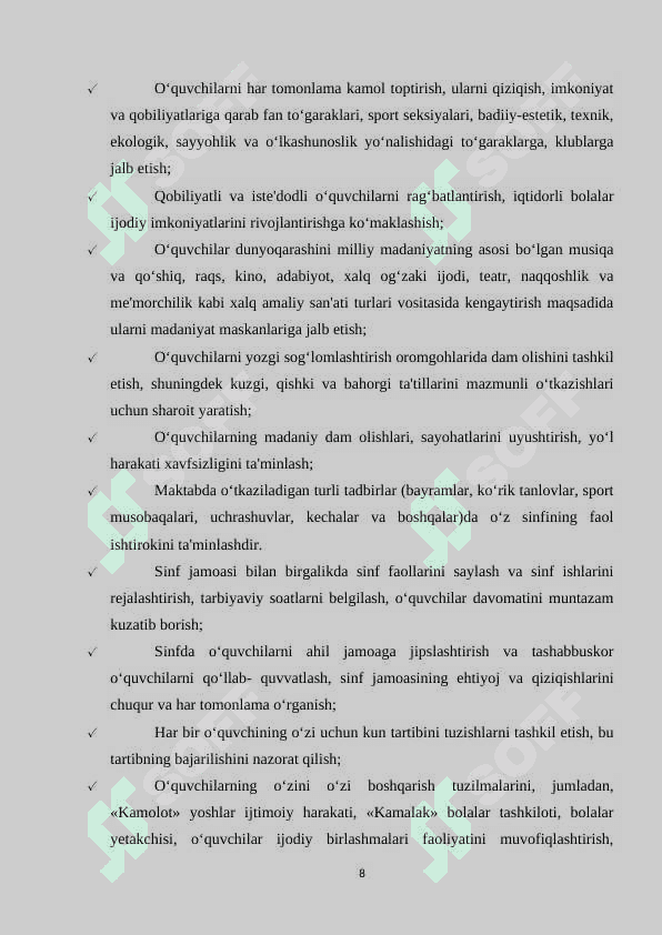 SINF O'QUVCHILARI TARBIYACHISI SINF RAHBARI ISHINING ASOSIY TARKIBIY QISMLARI 8