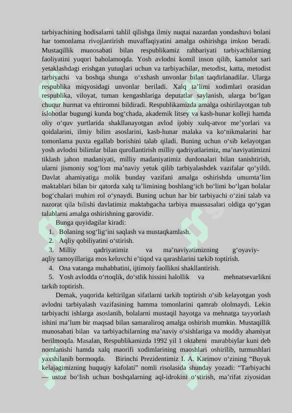 Tarbiyachining jamiyatda tutgan o`rni  - KUR ISHI 6