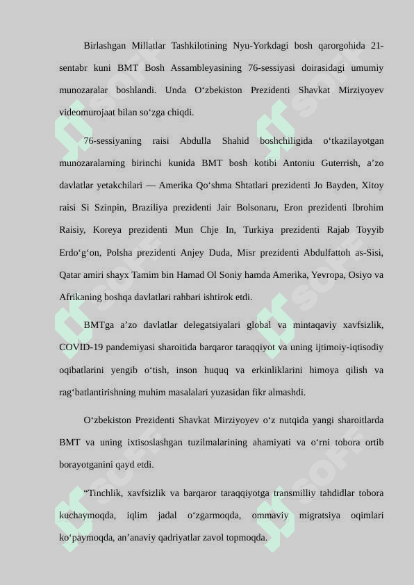 Sh. M. Mirziyoyevning 2021-yilda BMT Bosh Assambleyasining 76-sessiyasidagi nutqi va uning mazmuni 2