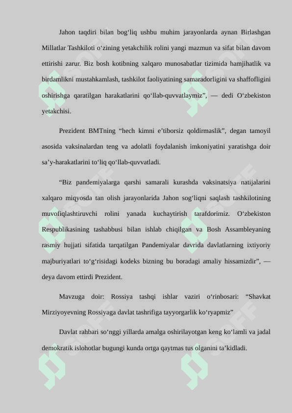Sh. M. Mirziyoyevning 2021-yilda BMT Bosh Assambleyasining 76-sessiyasidagi nutqi va uning mazmuni 3