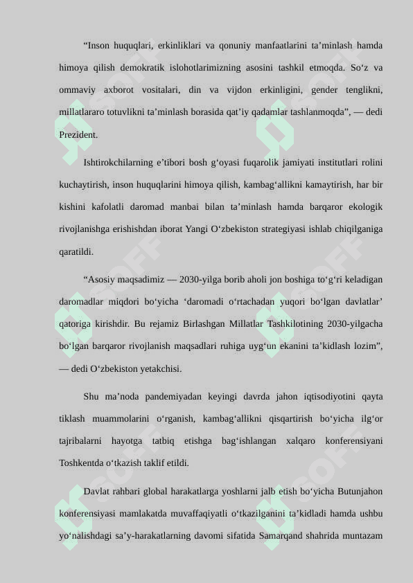 Sh. M. Mirziyoyevning 2021-yilda BMT Bosh Assambleyasining 76-sessiyasidagi nutqi va uning mazmuni 4