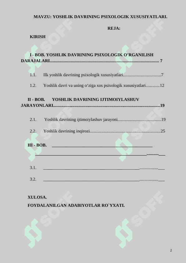 Yoshlik davrining psixologik xususiyatlari   KURS ISHI 2