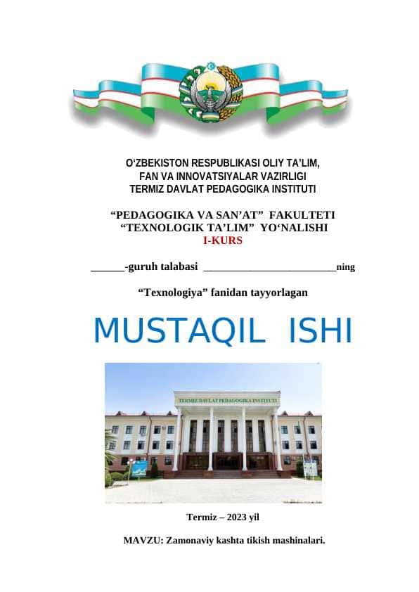 Zamonaviy kashta tikish mashinalari. - Mustaqil ish