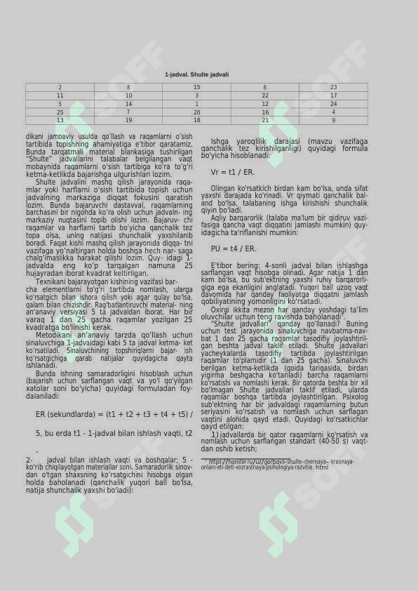 Diqqat xususiyatlari Shulte jadvalini sinaluvchilarda o'tkazish 3